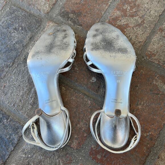 J. Crew Silver Strappy Heel Metallic Ankle Buckle Size 8.5 Leather Open Toe - Picture 6 of 6